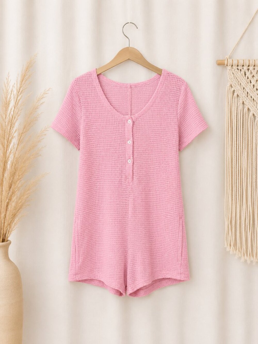 Cupshe Pink Waffle Knit Romper Size Large Soft Lounge Romper